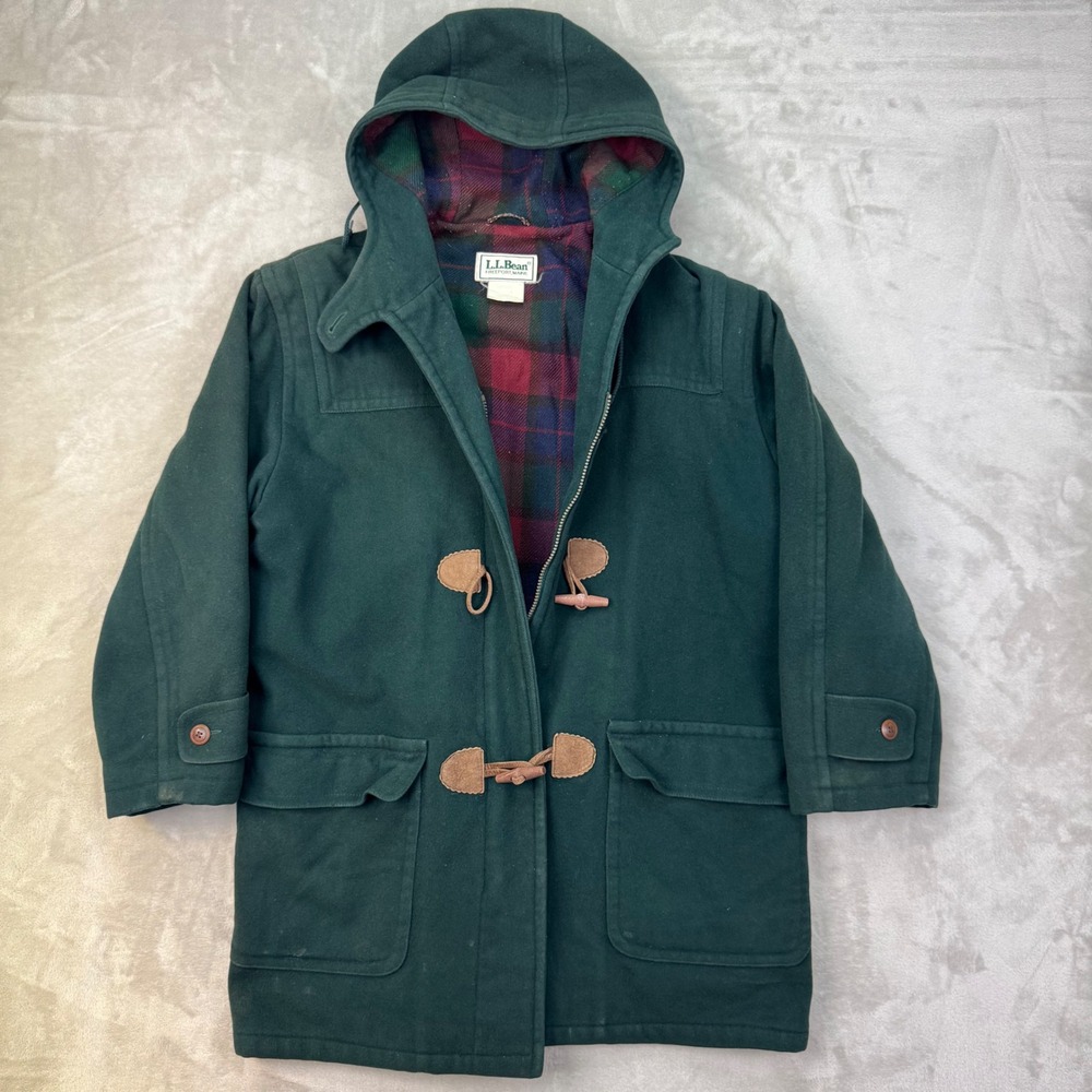 Vintage LL Bean Duffle Coat Mens Large Green Regular Toggle Hooded Plaid Lined